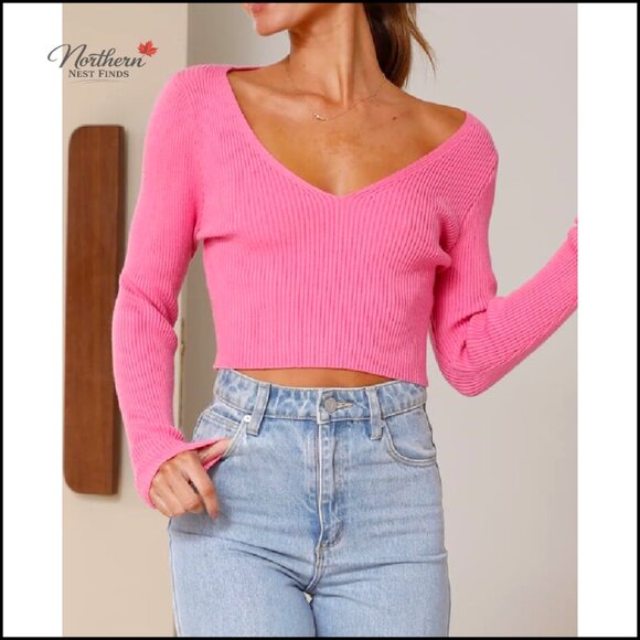 V-Neck Cropped Pullover Sweater Long Sleeve Lightweight Knit Top - Picture 2 of 6